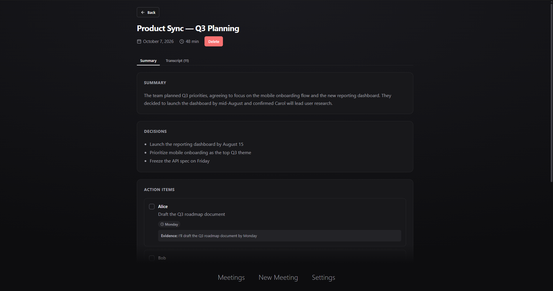 LocalMeet meeting view showing summary, decisions, and action items