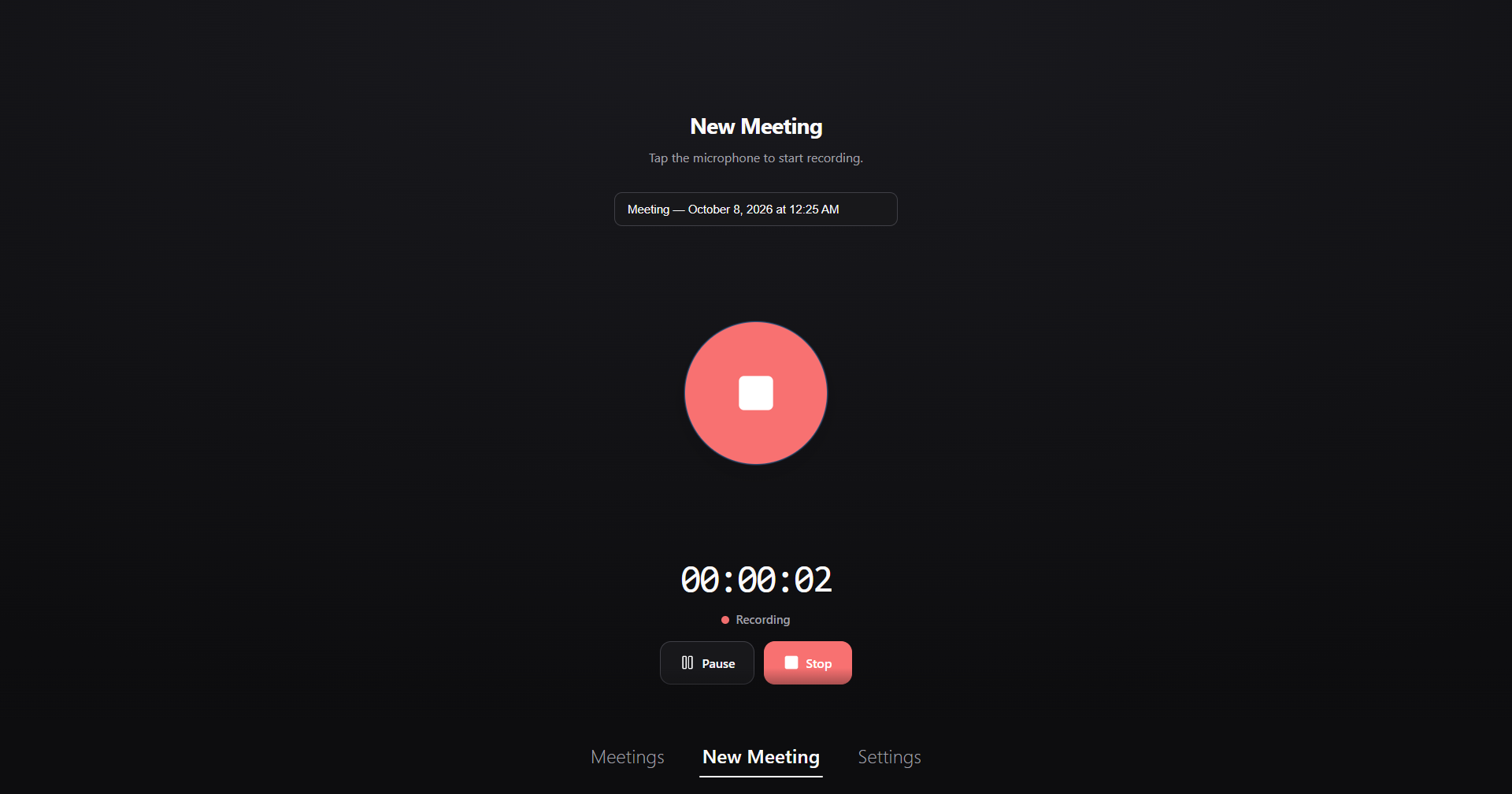 LocalMeet recording screen with pause and stop controls