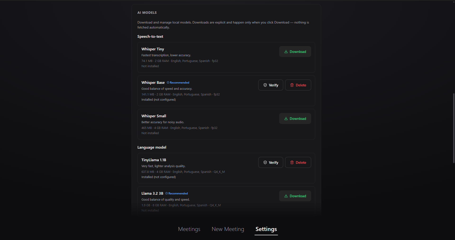 LocalMeet settings with local model download and privacy controls