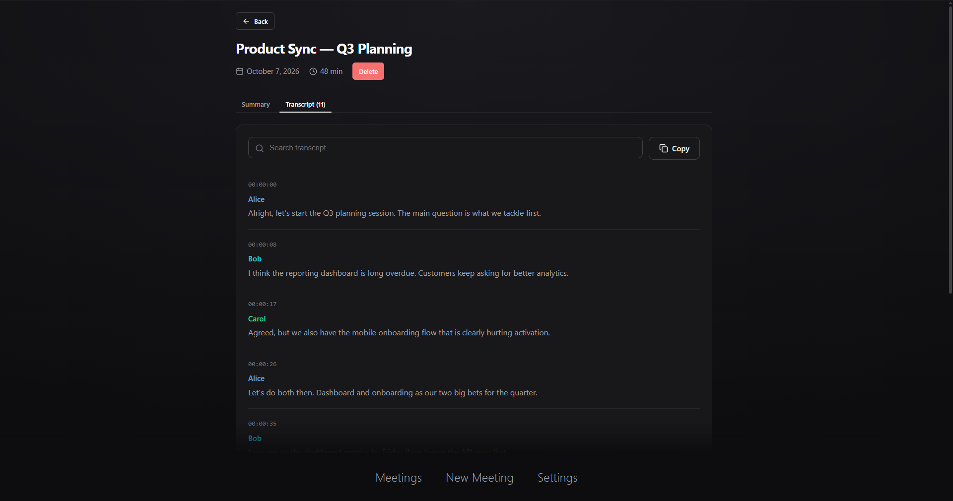 LocalMeet searchable transcript with timestamps and speakers